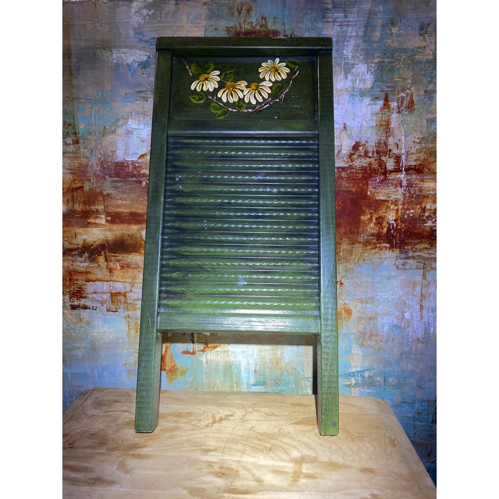 Vintage Hand Painted Daisy Floral Wooden Washboard Green Rustic Farmhouse Decor - Picture 1 of 4